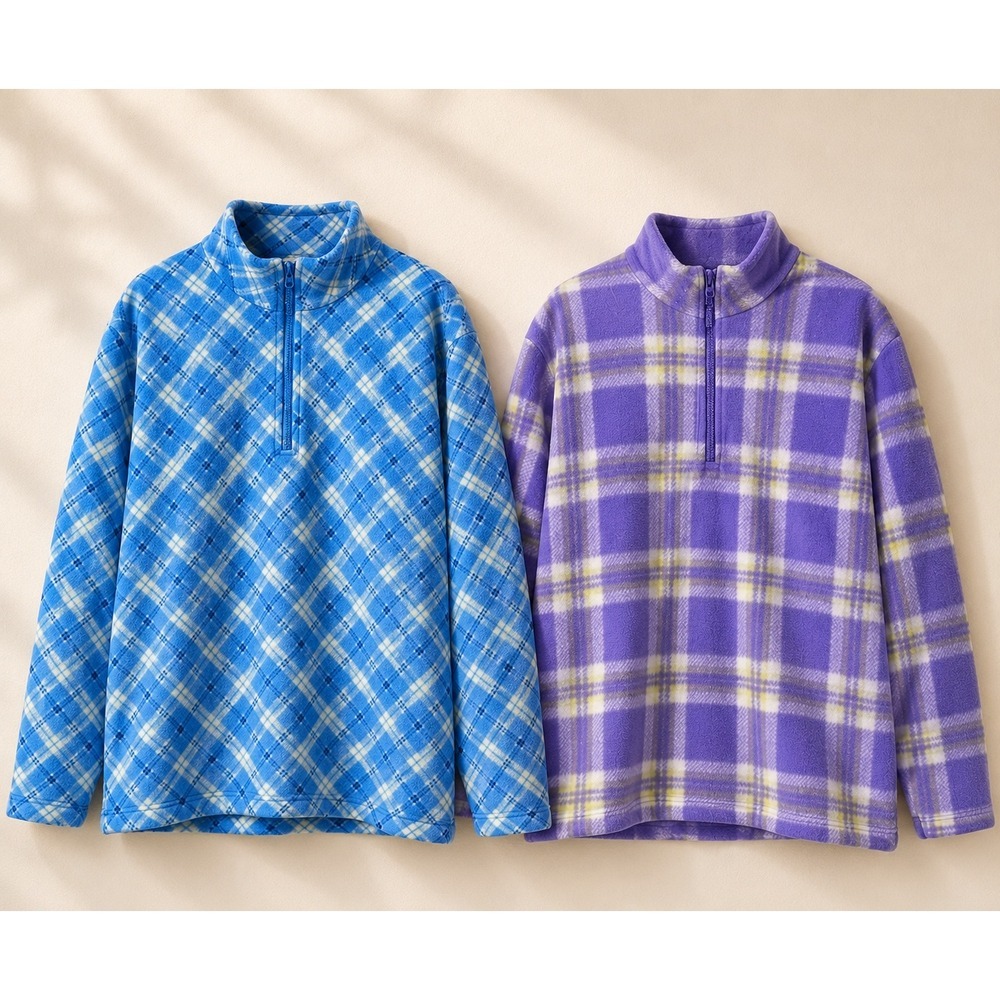(2) Crossroads Women's plaid fleece quarter-zip pullover - Blue and Purple